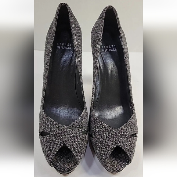 Stuart Weitzman Grey Tweed Peep Toe Stiletto Pumps Heels Size 8.5 - Picture 2 of 16